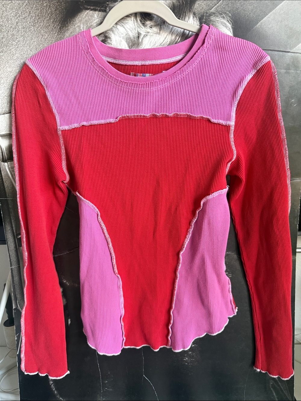 Urban Outfitters Pink & Red Ribbed Colorblock Long Sleeve Top Size Large